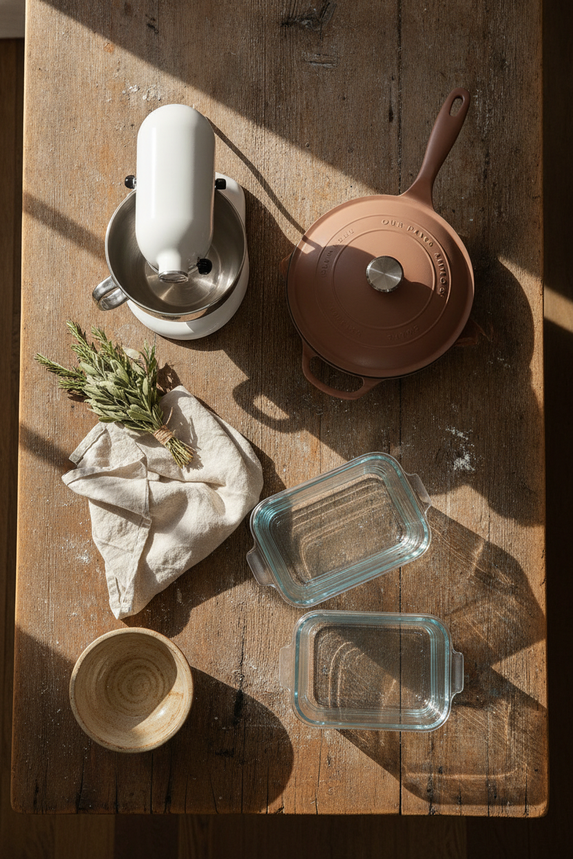 A warm, natural light flat lay on a worn wooden farmhouse table in portrait orientation
