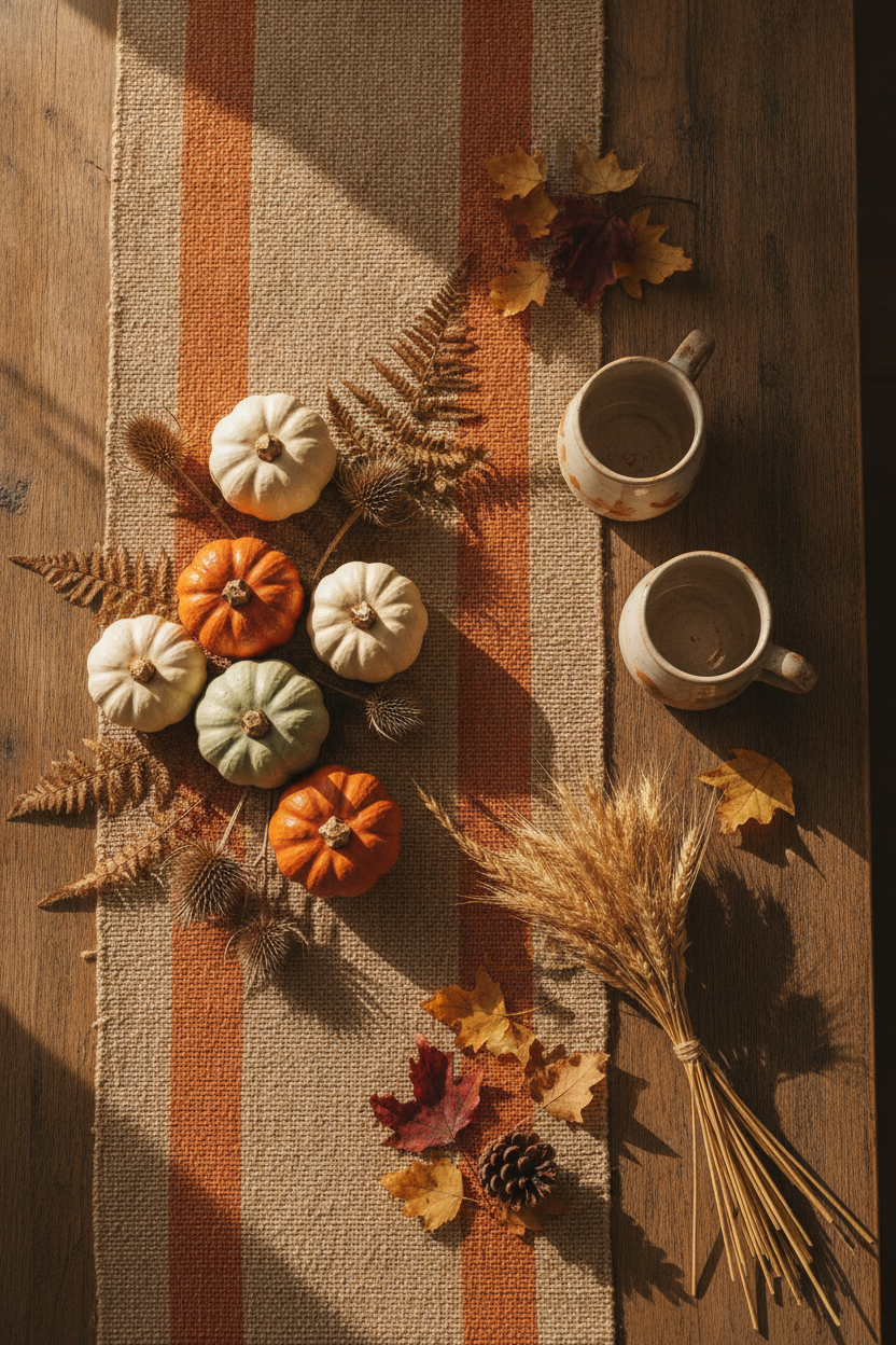 A warm flat lay portrait-oriented photo of a rustic fall table setting in a Montana farmhouse style
