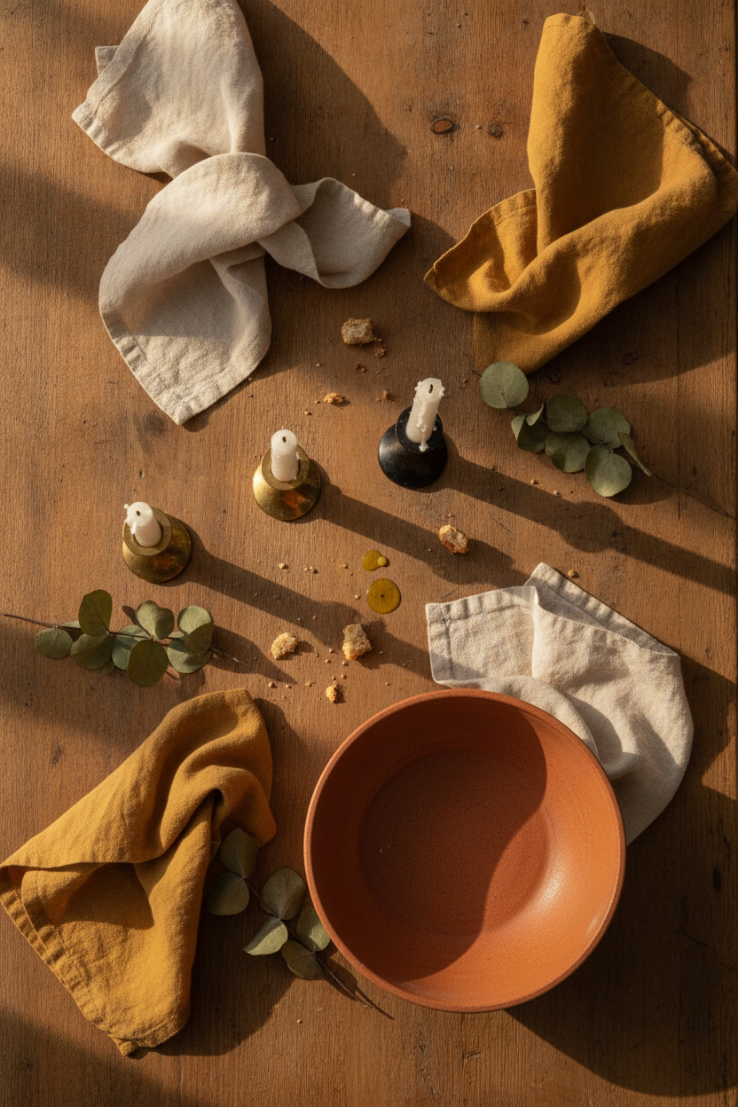 A warm, sunlit flat lay of a rustic Sunday dinner tablescape photographed in portrait orientation