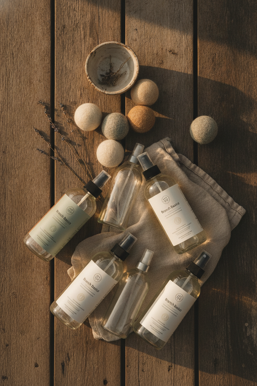 A soft natural light flat lay on a weathered wooden surface, Branch Basics starter kit bottles arranged casually alongside wool dryer balls in muted cream and