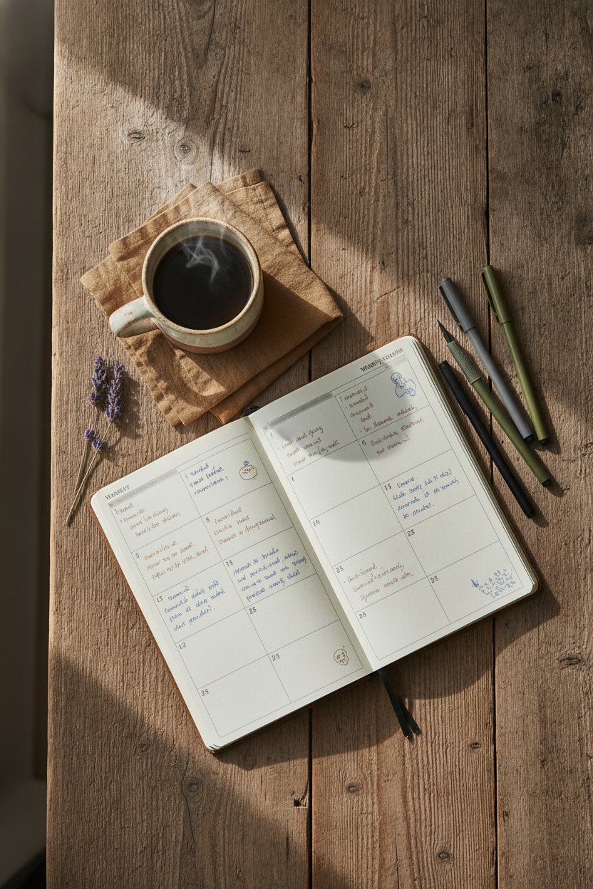 A cozy flat lay on a worn wooden farmhouse table, natural morning light streaming in from a nearby window