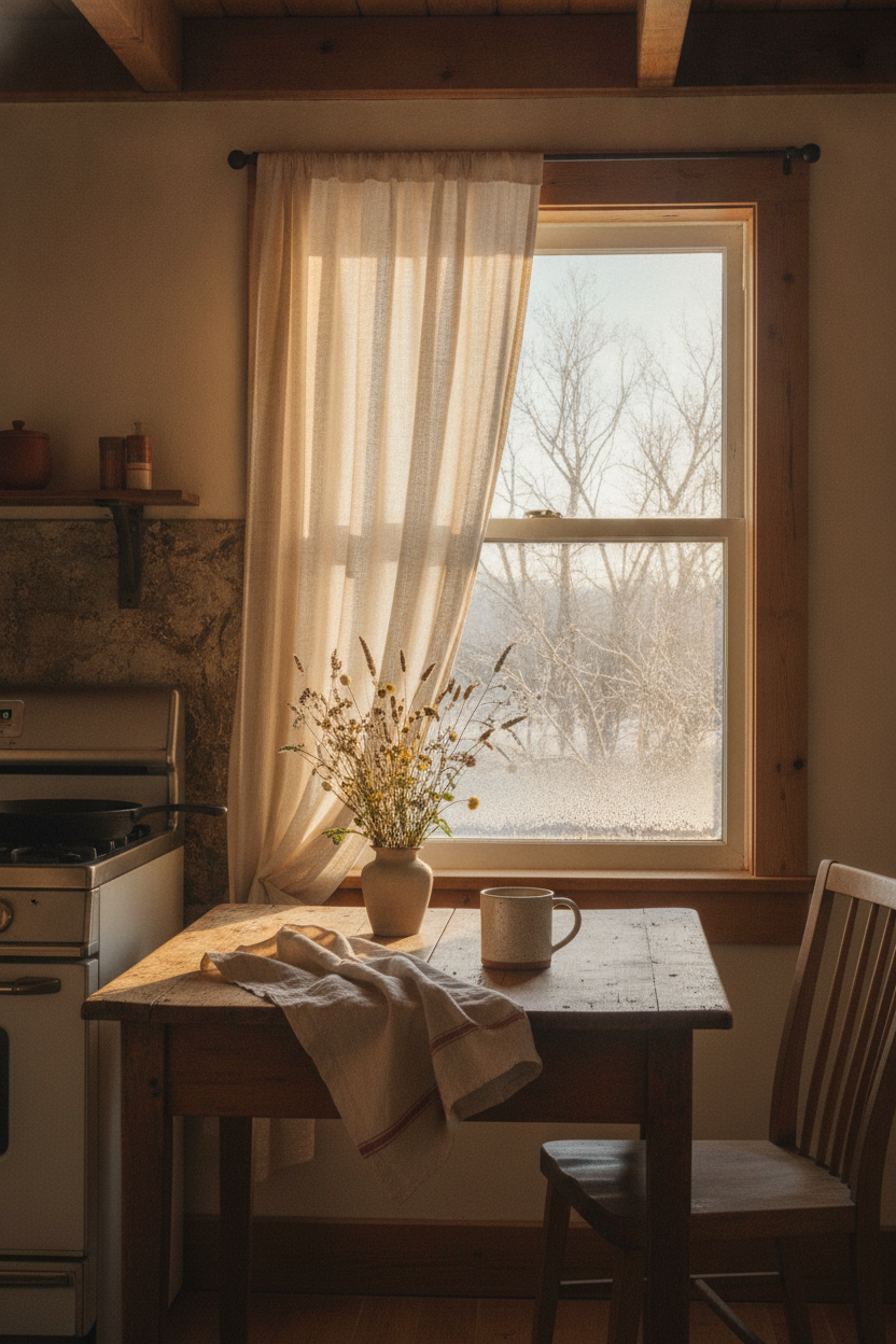 A quiet Montana farmhouse kitchen bathed in soft morning light, warm golden tones filtering through a linen curtain