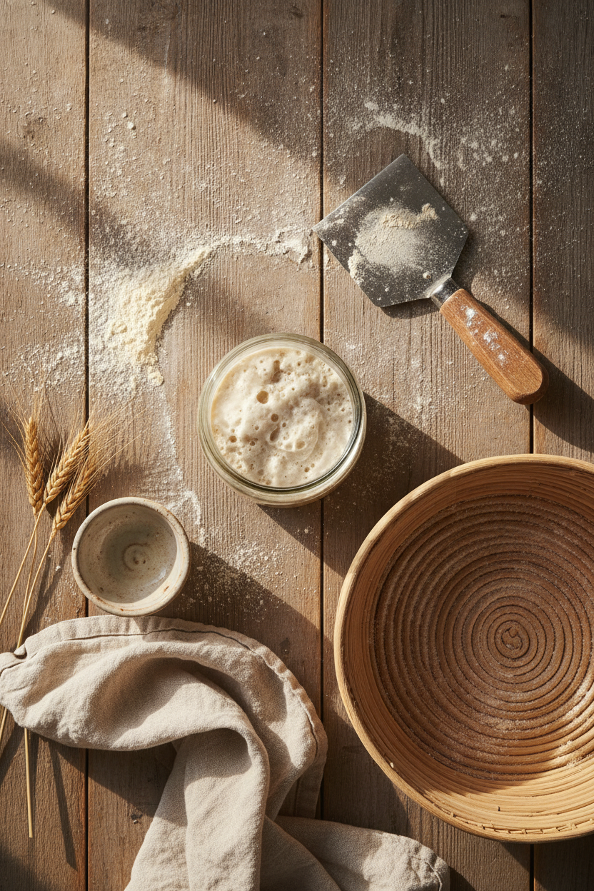A warm flat lay photograph on a rustic wooden surface, natural morning light streaming in from the side