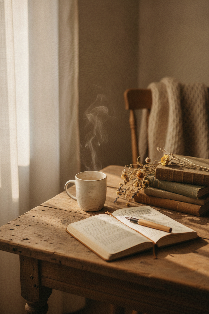 A soft morning light filters through a linen curtain onto a worn farmhouse wooden table