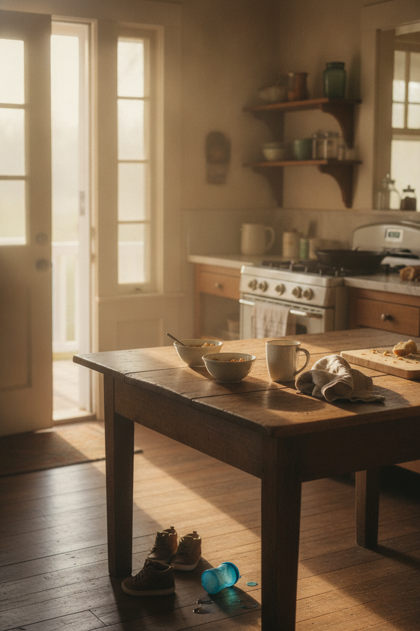 A quiet early morning kitchen scene in a Montana farmhouse, natural golden light streaming through a window over a worn wooden table