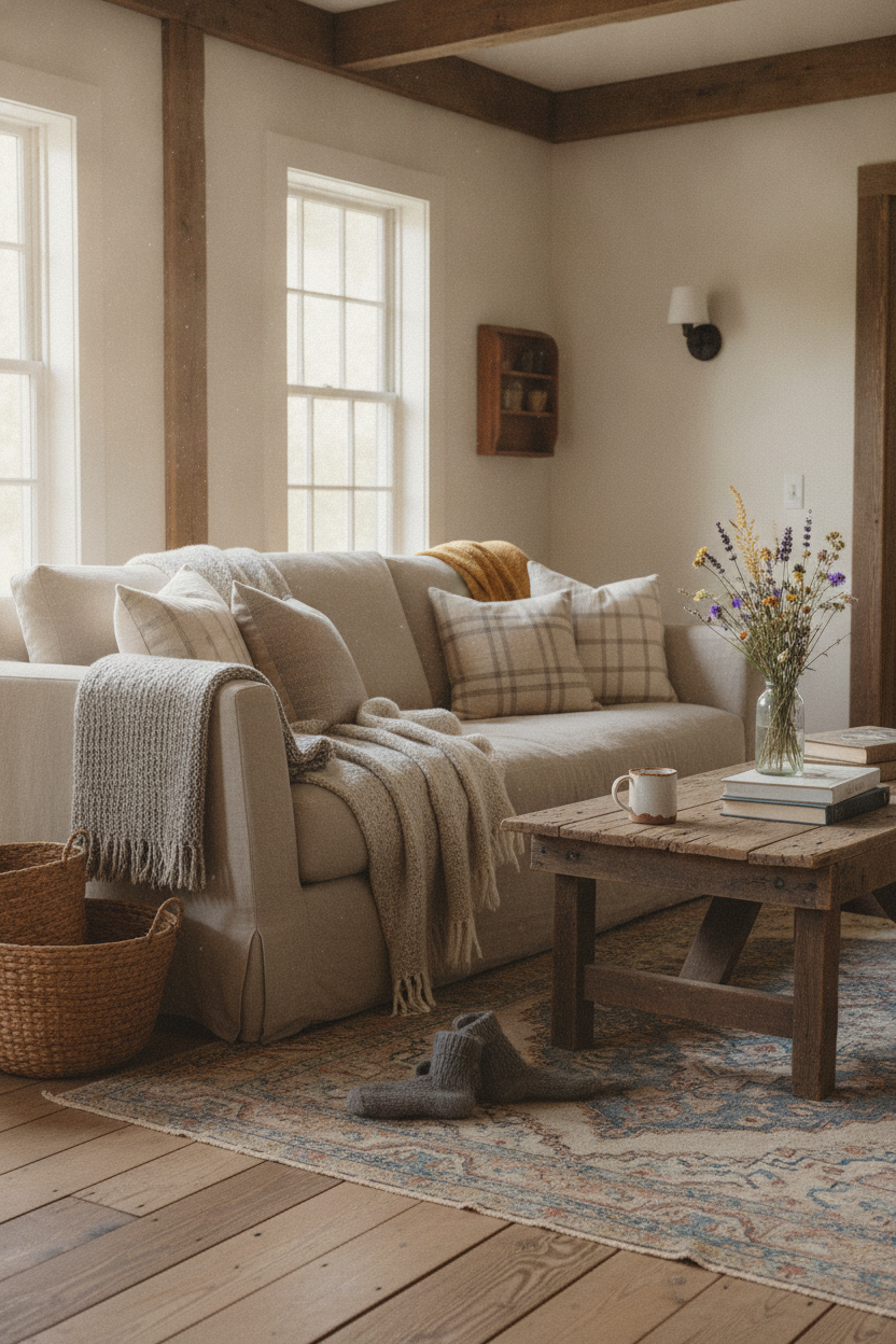A cozy Montana farmhouse living room bathed in soft natural morning light, warm neutral tones of cream, linen, and weathered wood