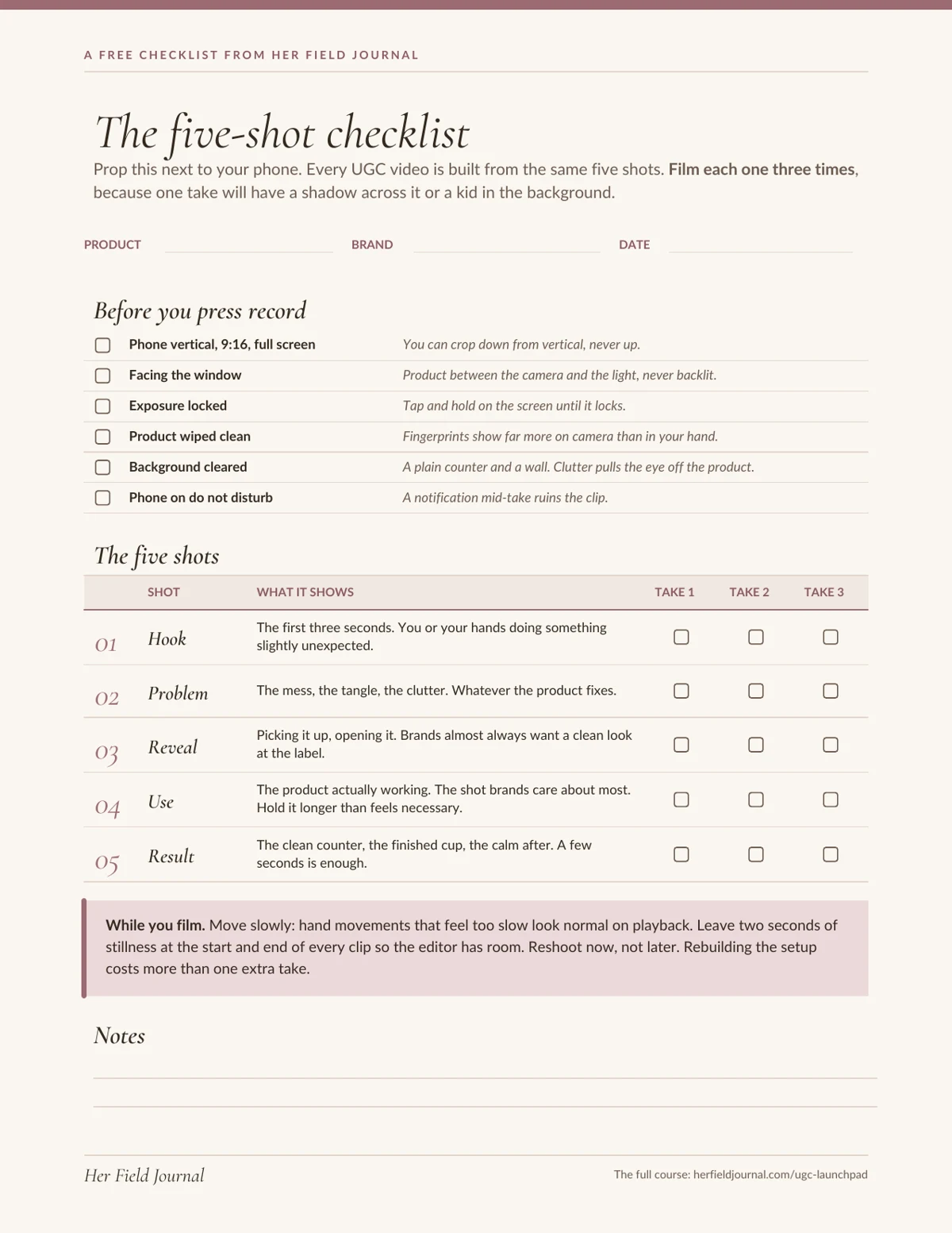 Preview of the free Five-Shot Filming Checklist.