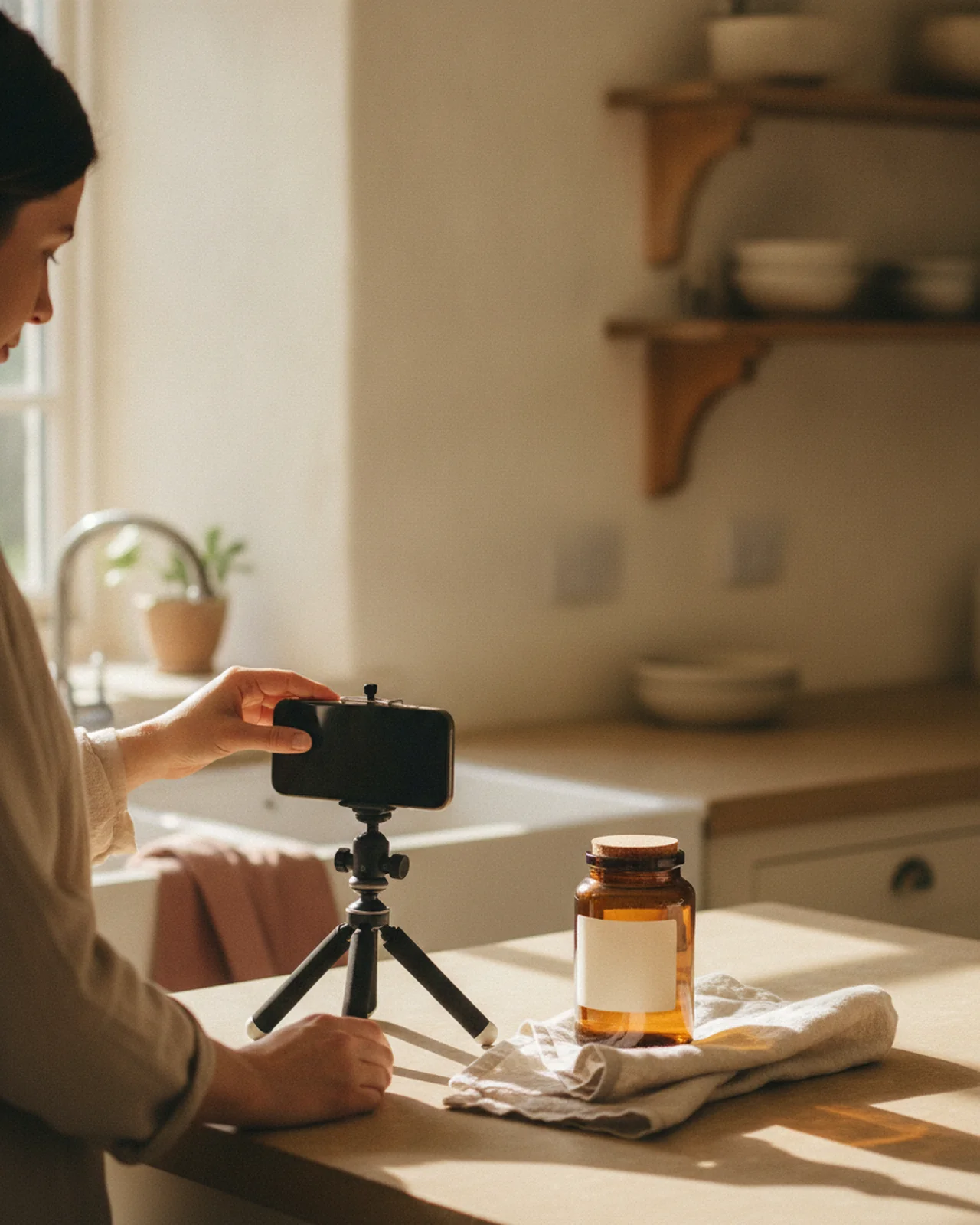 A phone on a small tripod beside a kitchen window, filming a glass jar on a linen towel.